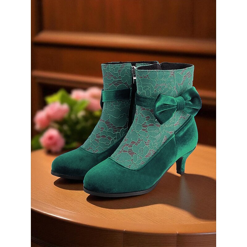 Women's Blue Velvet Ankle Boots with Bow - 1900s Edwardian Vintage Lace Booties for Victorian-Themed Parties,Retro Events,or Elegant Daily Outfits