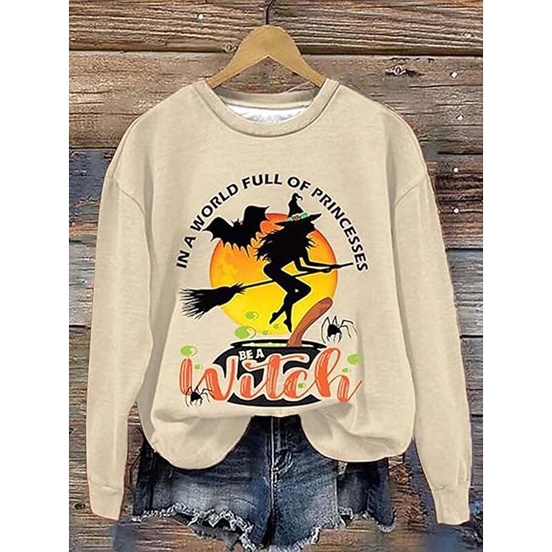 Halloween Women's Pullover Sweatshirt Witch Graphic Fashion Casual Long Sleeve Crew Neck Regular Tops Street Dailywear Casual Print Orange Green Beige Gray Fall Winter2