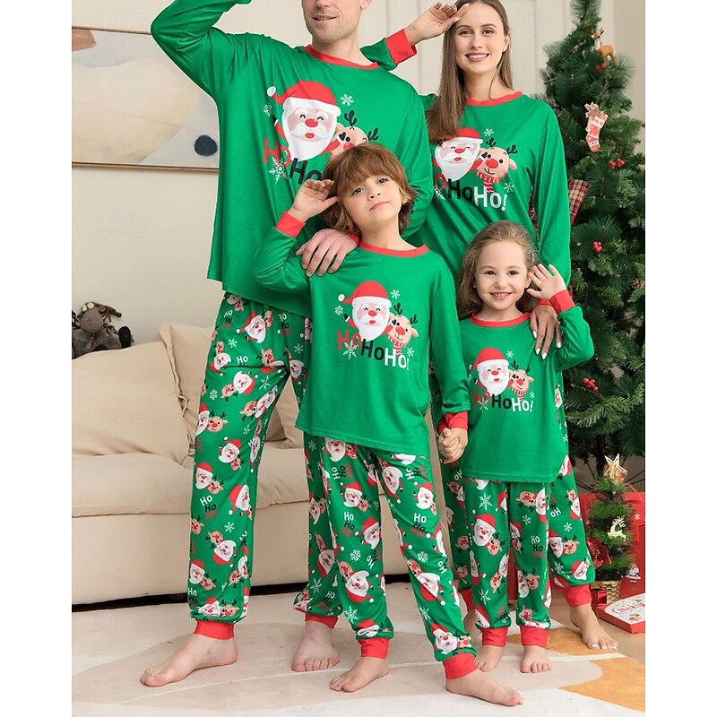 Family Pajamas Christmas Pattern Home Print Green Long Sleeve Adorable Matching Outfits3