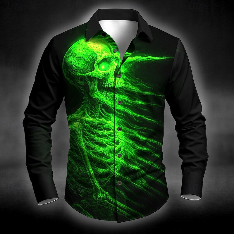 Halloween Men's Skull Flame Halloween Costumes Shirt Button Up Shirt Long Sleeve Dark Punk Gothic Style Outdoor Holiday Summer Spring Turndown 3D Print Collared Shirts Blue Purple Orange Green Gray