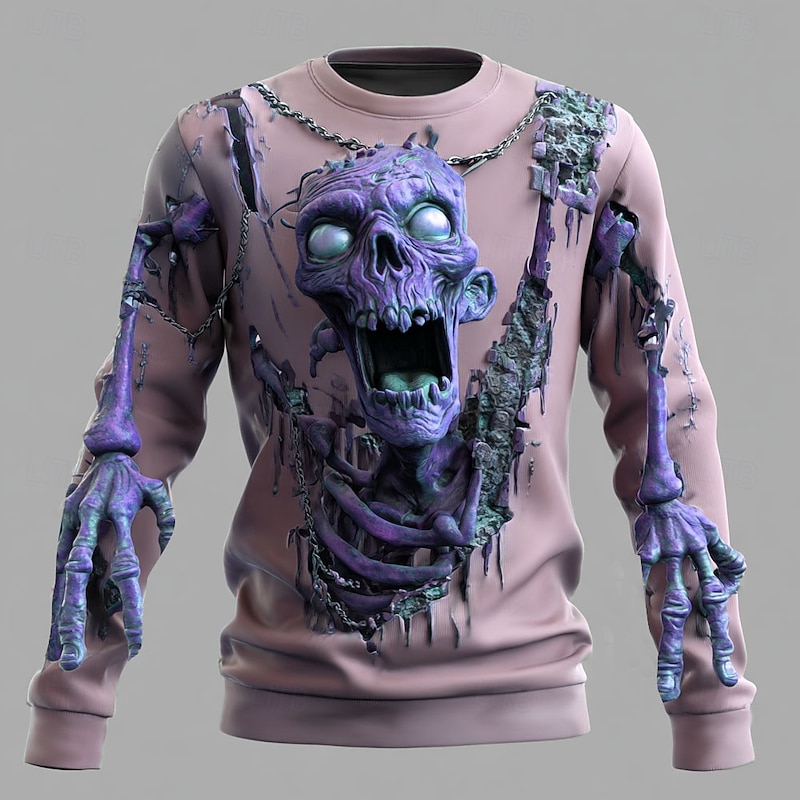 Halloween Men's 3D Zombies Sweatshirt Punk Party Crew Neck Vacation Dark Green Purple Crewneck 3D All Seasons Designer2