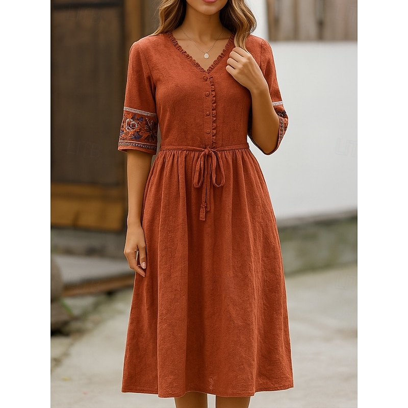 Women's Midi Dress A Line Dress Casual Daily Loose Fit Floral 3/4 Length Sleeve V Neck White Blue Orange Summer - Main Image