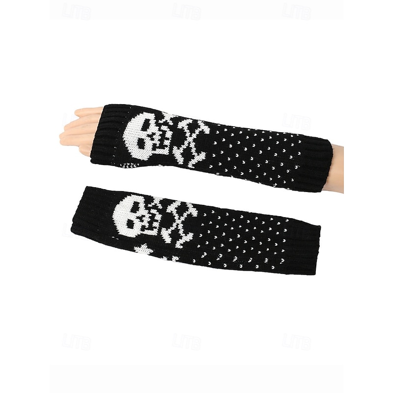 Women's Halloween Skull Knit Fingerless Arm Warmers — Long Ribbed Gothic Hand/Wrist Sleeves, Stretchy Cozy Fit for Costume Parties, Cosplay & Fall-Winter Wear4