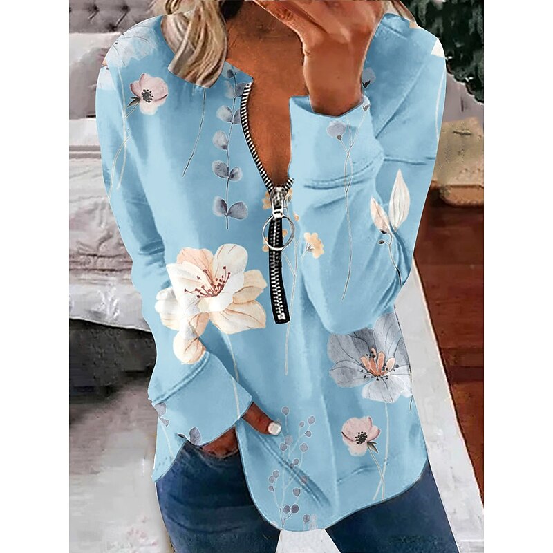 Women's Pullover Sweatshirt Zip Up Sweatshirts Floral Graphic Fashion Casual Long Sleeve Crew Neck Regular Tops Street Dailywear Zipper Print Black White Light Green Light Blue Spring Fall Winter