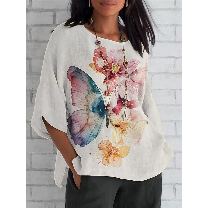 Women's Shirt Floral Daily Casual 3/4 Length Sleeve Crew Neck Regular Tops Daily Holiday Print White Pink Blue Khaki Summer Spring Fall