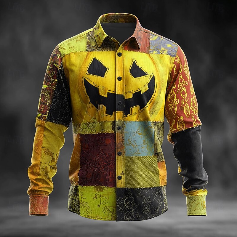 Halloween Men's Color Block Pumpkin Patchwork Shirt Button Up Shirt Long Sleeve Dark Gothic Style Holiday Streetwear Spring Fall Turndown 3D Print Linen Like Shirt Yellow Orange Green3