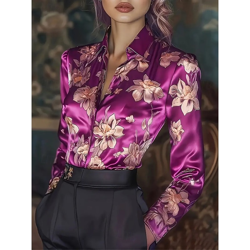 Women's Work Shirt Floral Graphic Elegant Stylish Casual Long Sleeve Shirt Collar Regular Tops Work Party Evening Wear Daily Wine Blue Purple Fuchsia Spring, Fall, Winter, Summer3