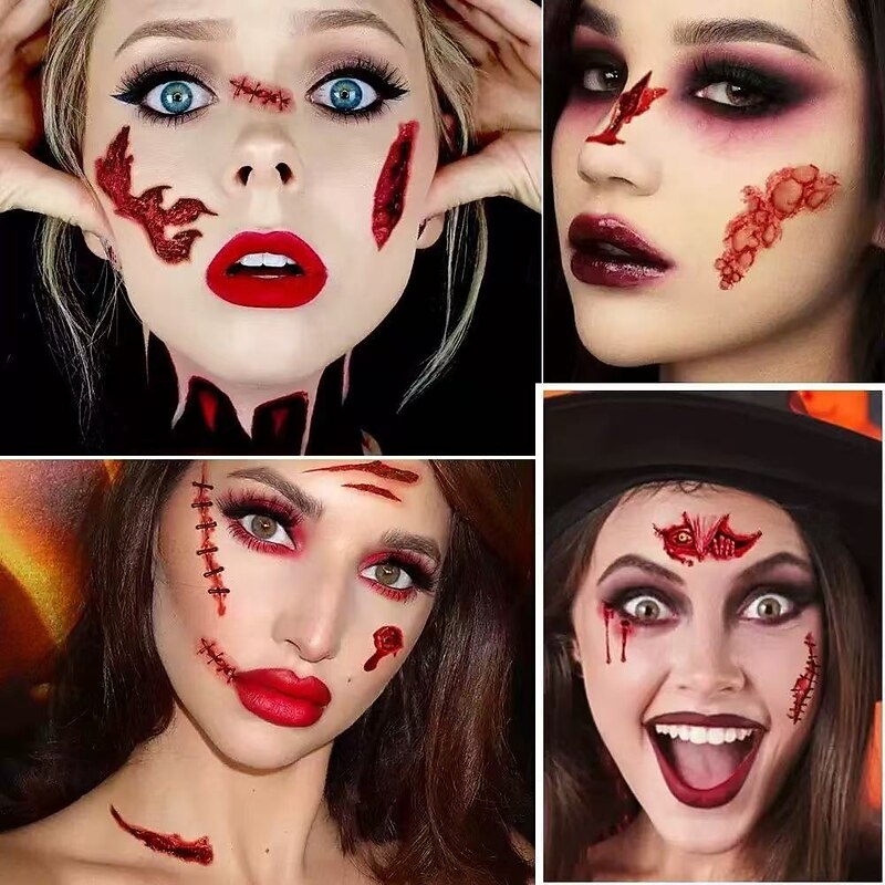 30PCS Halloween Prank Makeup Temporary Tattoos, 3D Fake Scars for Adults, Realistic Bloody Wound Designs for Face and Body, Perfect for Horror Cosplay, Costume Parties, and Pranks3