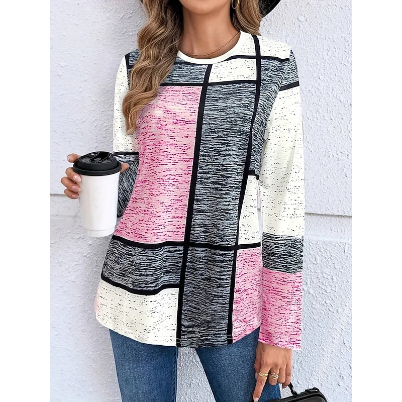 Women's T Shirt Graphic Geometric Vintage Stylish Classic Long Sleeve Crew Neck Round Neck Regular Tops Daily Print Pink Blue Purple Green Spring Fall