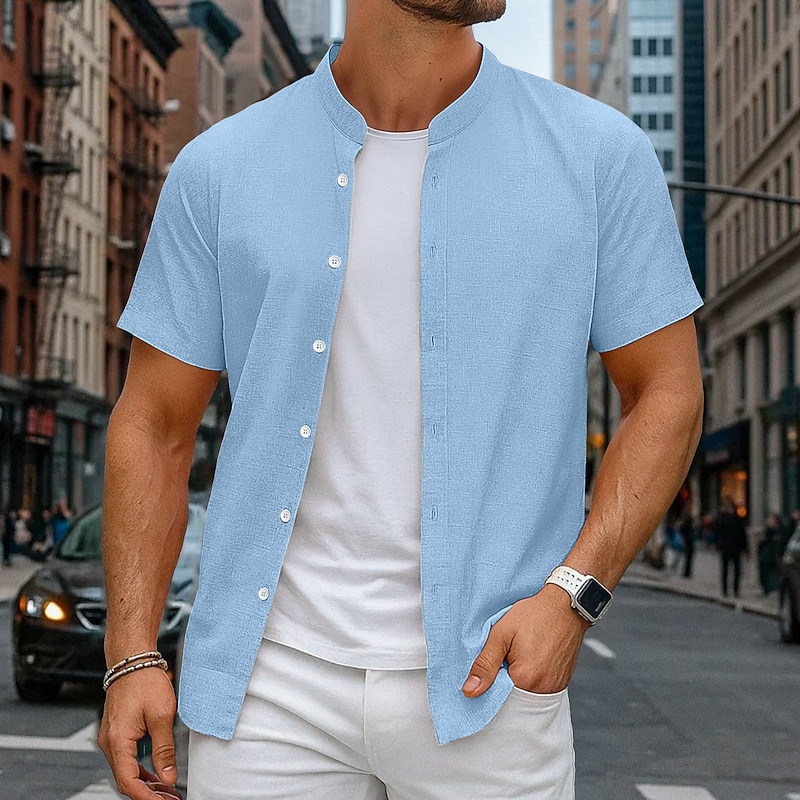 Men's Shirt Linen Shirt Summer Shirt Beach Wear Band Collar Shirt Button Up Shirt Plain Vacation Curise Black White Orange Gray Short Sleeve Mandarin Collar Summer Clothing Apparel