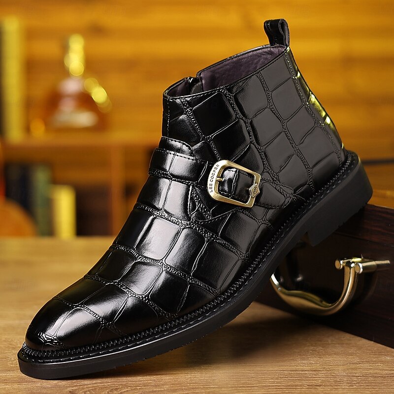 Men's Brown Crocodile Embossed Monk Strap Boots – Vintage Faux Leather Buckle Ankle Boots for Formal Events and Stylish Fall Outfits2