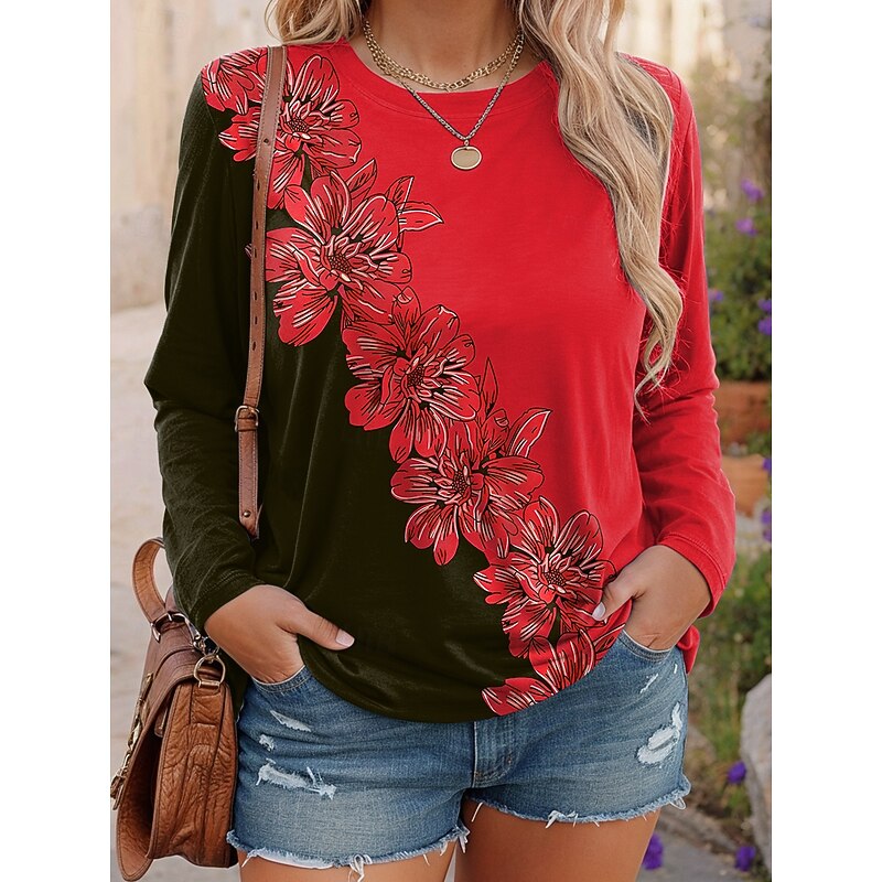 Women's Plus Size Tops T Shirt Floral Geometry Print Long Sleeve Crew Neck Casual Daily Polyester Fall Winter Yellow Red4