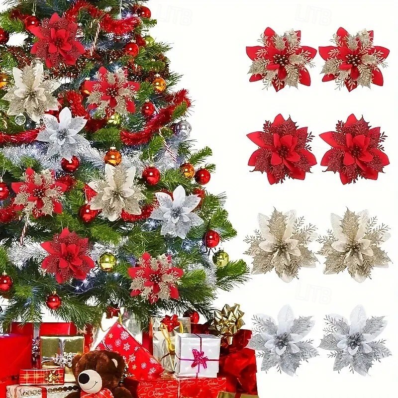20pcs Christmas Poinsettia Artificial Flowers with Double-Layer Pink Edges 5.9-InchSparkling Christmas Floral Decorations for Wreaths, Christmas Tree, Weddings, and Holiday Party Decor – No Clips Included