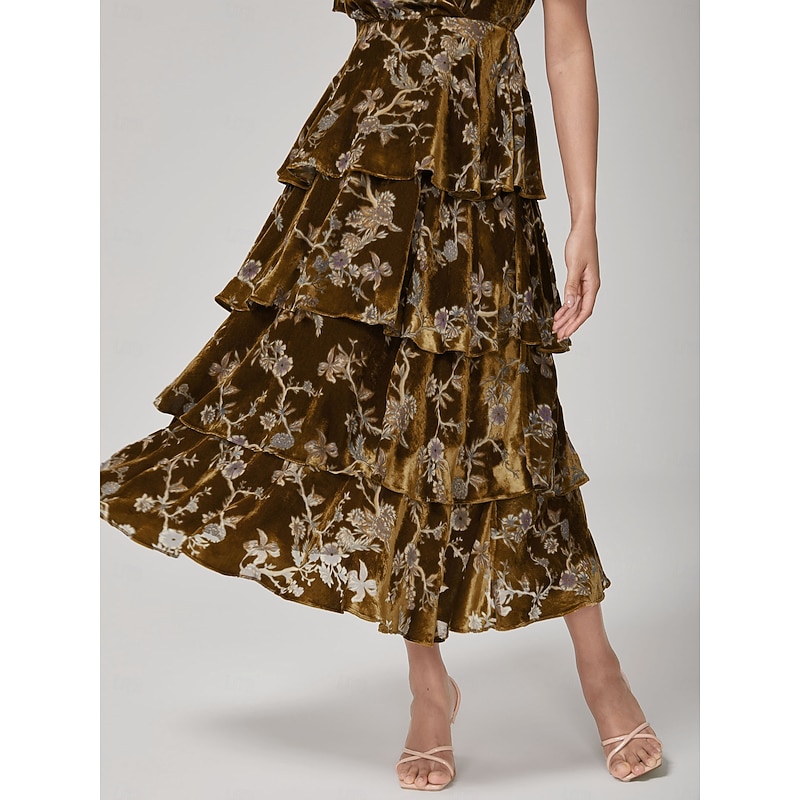 Women's Female Casual Dress Long Dress Maxi Dress Brown Short Sleeve Floral Fall Cross-Seasons V Neck Vintage XS S M3