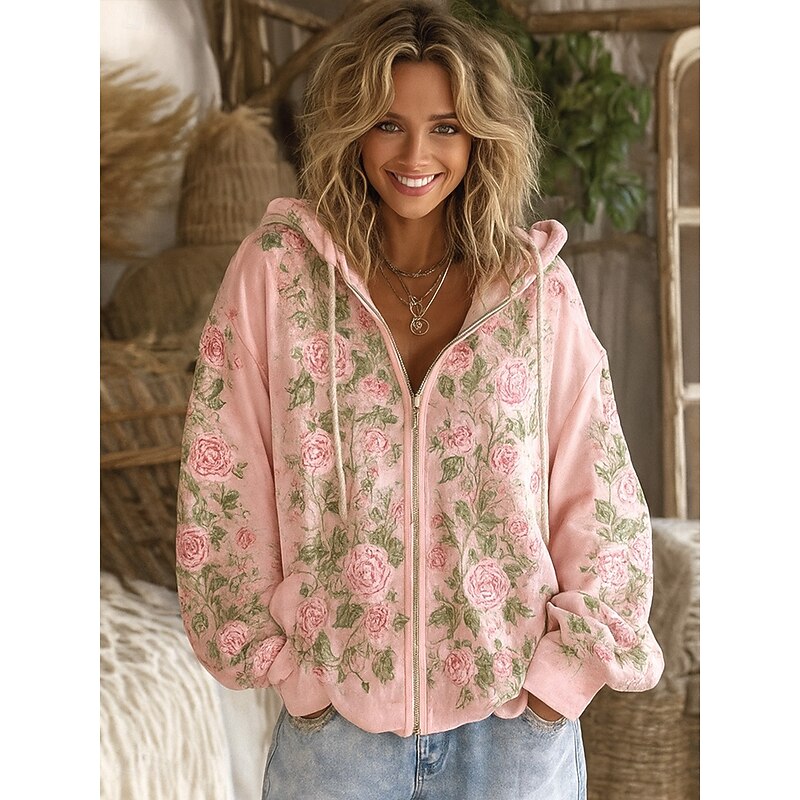 Women's 3D Print Vintage Boho Hoodie Patchwork Hoodie Sweatshirt Floral Zip Up s Floral Punk Active Vintage Long Sleeve Hooded Regular Tops Home Dailywear Casual Pink Red Beige Fall Winter2