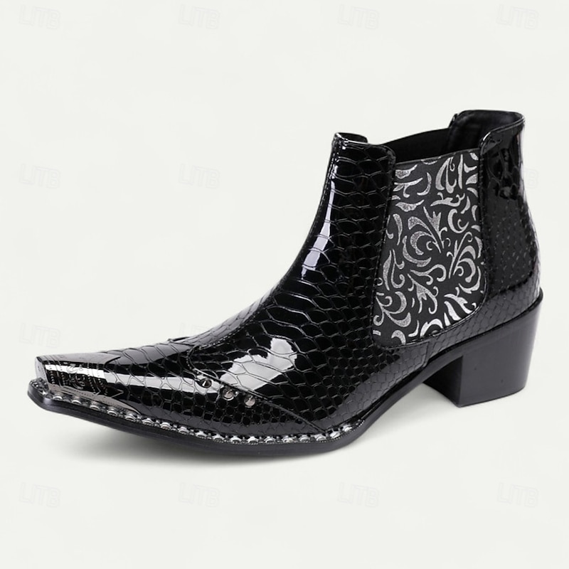 Men's Black Patent Crocodile Pattern Boots – Embossed Floral Pointed Toe Dress Shoes for Stage Shows, Parties and Night Out2