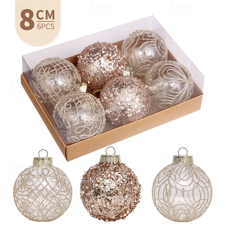 6 pcs Christmas Tree Balls Baubles Ornaments, 8 cm/3.15 inch Xmas Decoration, Premium Clear Painted Christmas Ball Gift Box Set