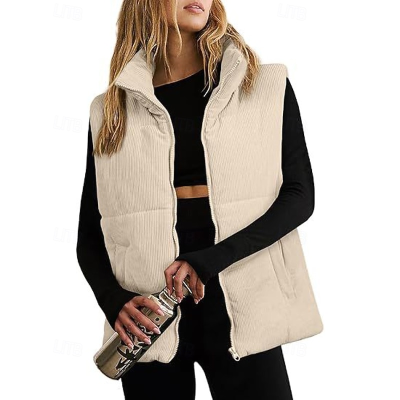 Women's Vest Warm Comfortable Zipper Pocket Fashion Plain Daily Wear Weekend Zipper Regular Stand Collar Regular Fit Sleeveless Outerwear Black Pink Brown Fall Winter2
