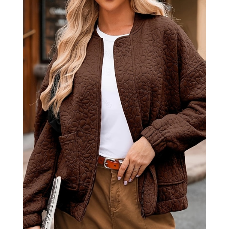 Women's Jacket Warm Comfortable Zipper Pocket Fashion Plain Street Weekend Zipper Regular Crewneck Regular Fit Long Sleeve Outerwear Navy White Wine Fall Winter3