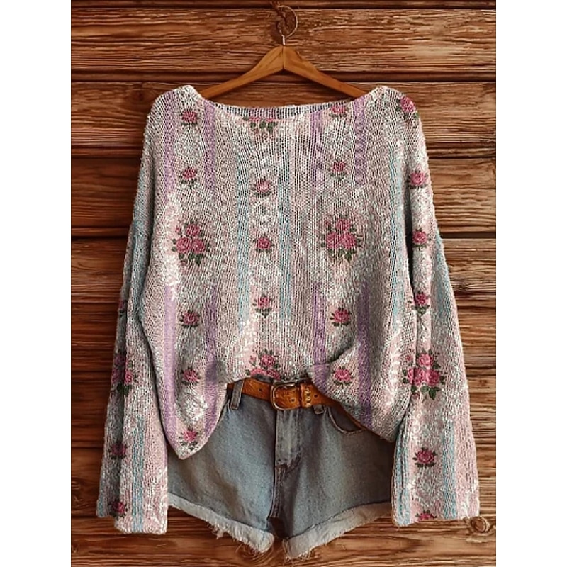 Women's Sweater Casual Floral Stylish Modern Long Sleeve Crew Neck Soft Regular Tops Daily Holiday Print Pink Red Purple Khaki Spring Fall Winter3