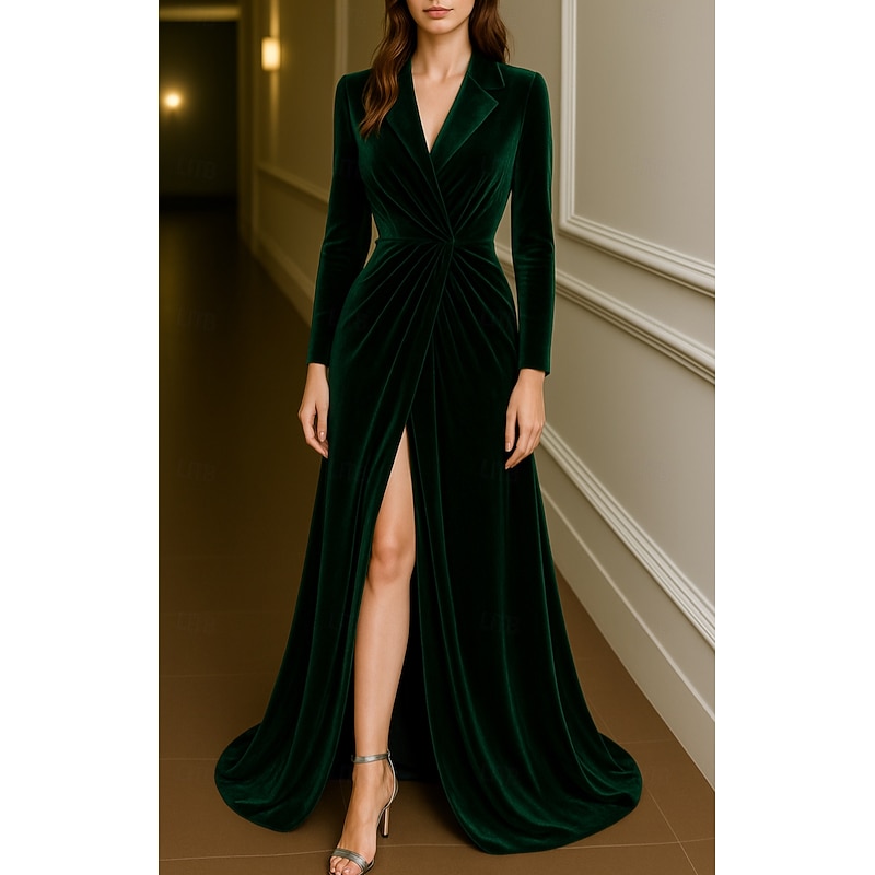 Tuxedo Dress A-Line Formal Wedding Wedding Guest Velvet Elegant Long Sleeve Floor Length Split Thigh Notched Lapels