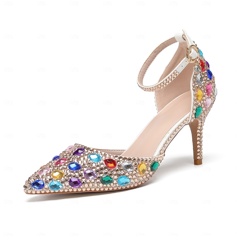 Women's Colorful Rhinestone Ankle Strap Heels – Sparkly Crystal Embellished Pointed Toe Stiletto Pumps for Wedding, Prom, and Party Events