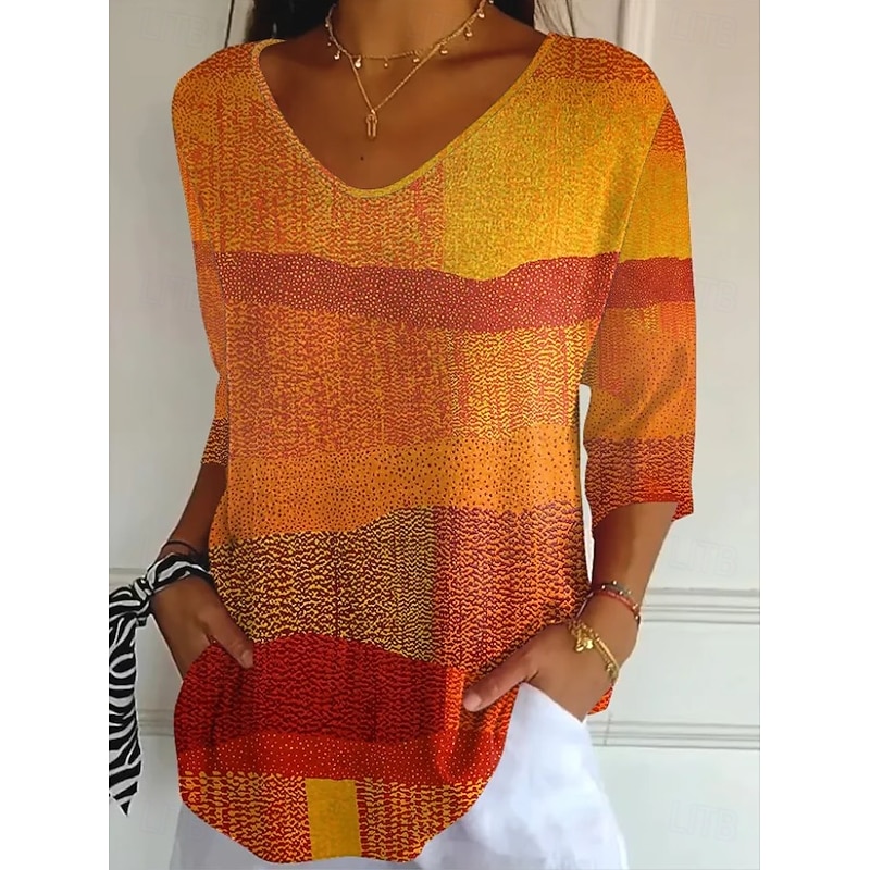 Women's Blouse Floral Graphic Leaf Vintage Tropical Stylish 3/4 Length Sleeve V Neck Regular Tops Daily Pink Purple Orange Brown Red and Pink Spring Fall Winter