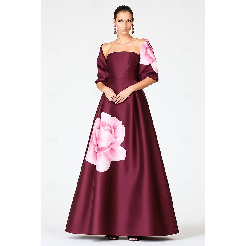 Red Black A-Line Evening Gown Elegant Dress Formal Wedding Floor Length Short Sleeve Strapless Pocket Satin with Floral Print Shawl 2025