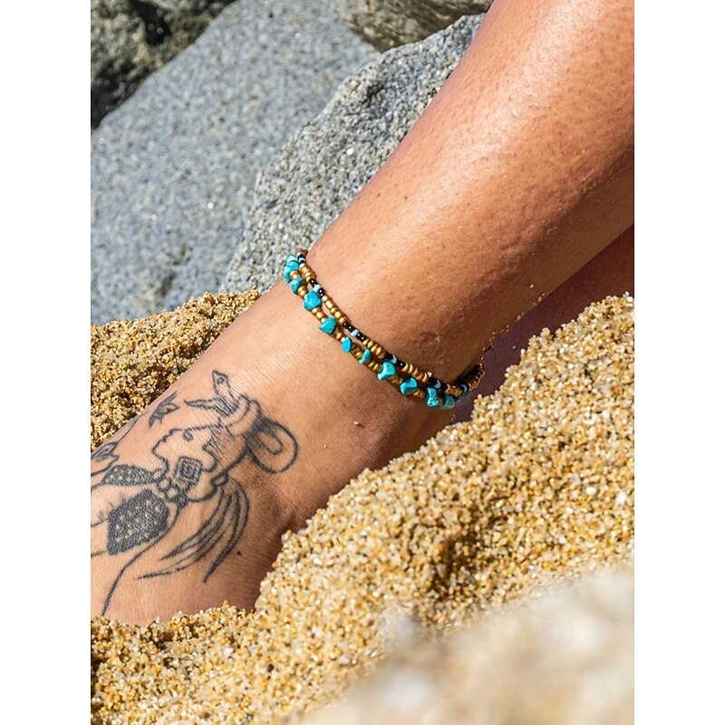Women's Turquoise Beaded Anklet Set - Bohemian Style Double Strand Anklet with Alloy and Gemstone Embellishments, Perfect for Beach, Pool Party and Summer Fashion3