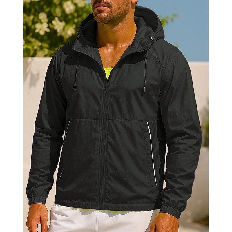 Men's Hooded Jacket Sport Jacket with Pockets Long Sleeve Top Athleisure Fall Solid Colored Sun Protection Lightweight Outdoor Travel Sports Sportswear Activewear Black White Light Green4