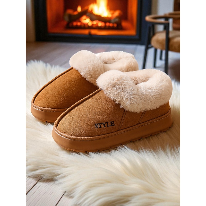 Women's Faux Fur Lined Slip-On Slippers with , Warm Winter Indoor House Shoes for Winter, Bedroom and Cozy Home Wear