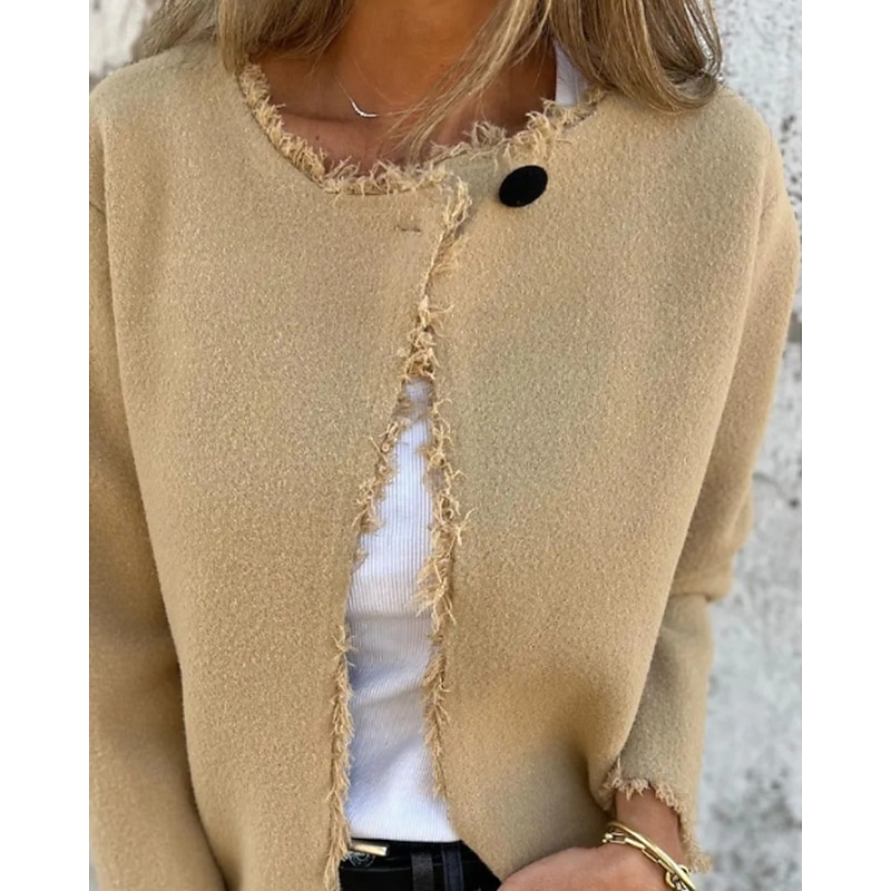 Women's Winter Coat Comfortable Buttons Fashion Plain Holiday Going out Single Breasted Regular Crewneck Regular Fit Long Sleeve Outerwear White Khaki Coffee Fall Winter2
