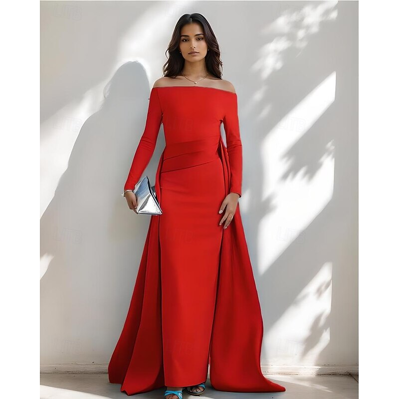 A-Line Evening Gown Elegant Dress Stretch Crepe with Satin Overskirt Pleats Formal Wedding Floor Length Long Sleeve Off Shoulder 2025