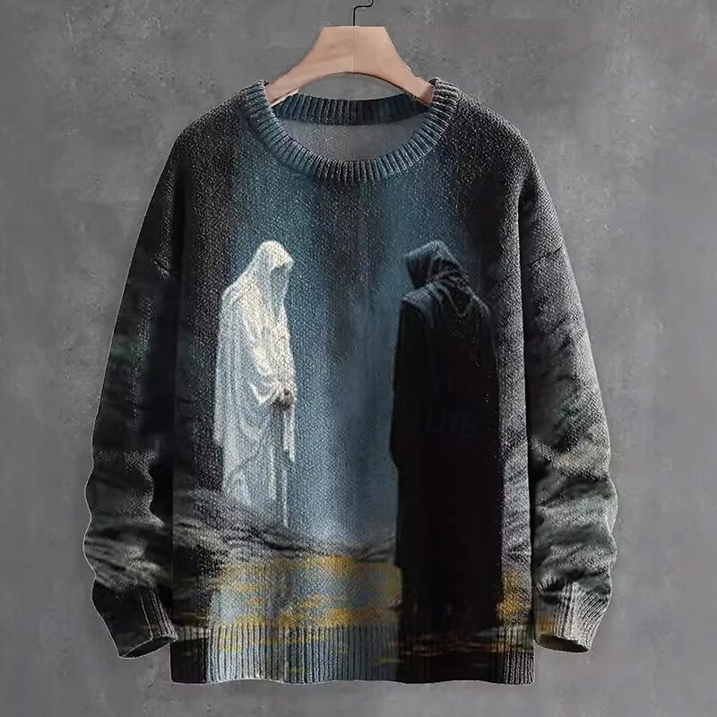 Halloween Men's Ghost Pullover Sweater Jumper Knitwear Crewneck Casual Dark Street Daily 3D Print Knitting Keep Warm Long Sleeve Spring Fall Winter Black Blue Brown2