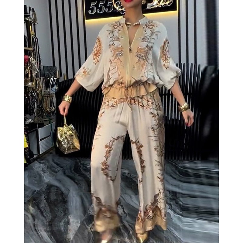 Women's Active Fashion Blouse Pants Sets Long Sleeve Stand Collar Floral Drawstring Print Outdoor Going out Blue Orange Green Fall Regular Fit4