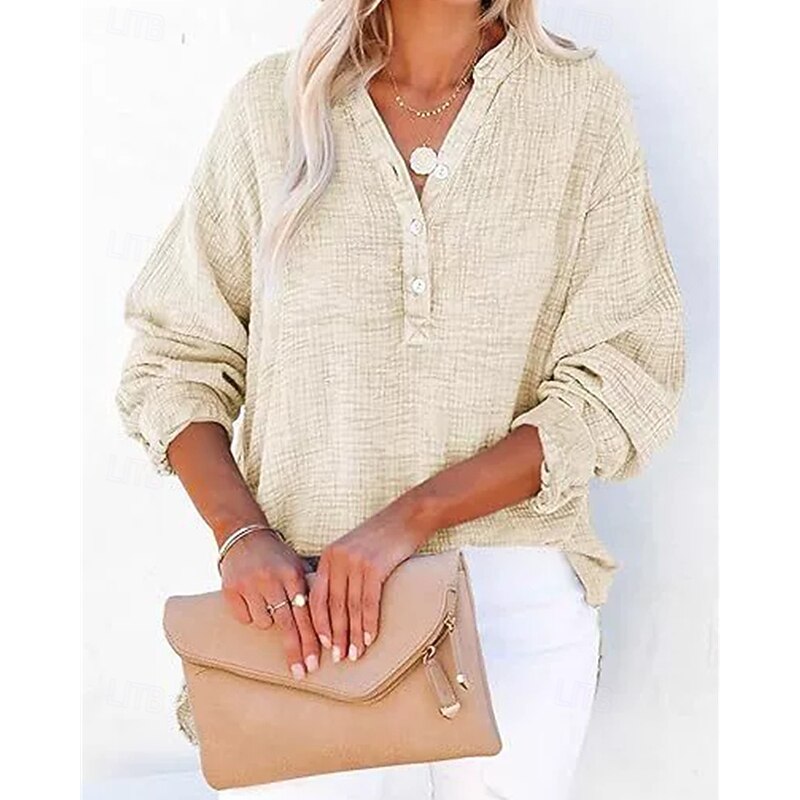 Women's Blouse Plain Modern Casual Long Sleeve V Neck Regular Tops Daily Holiday Buttons Grass Green Black White Pink Brown Fall