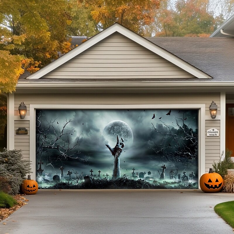 Halloween Garage Door Cover Large Hanging Backdrop Zombies 3D Dark Punk Gothic Style Party Outdoor Shooting Backgrounds Front Door Home Decor2