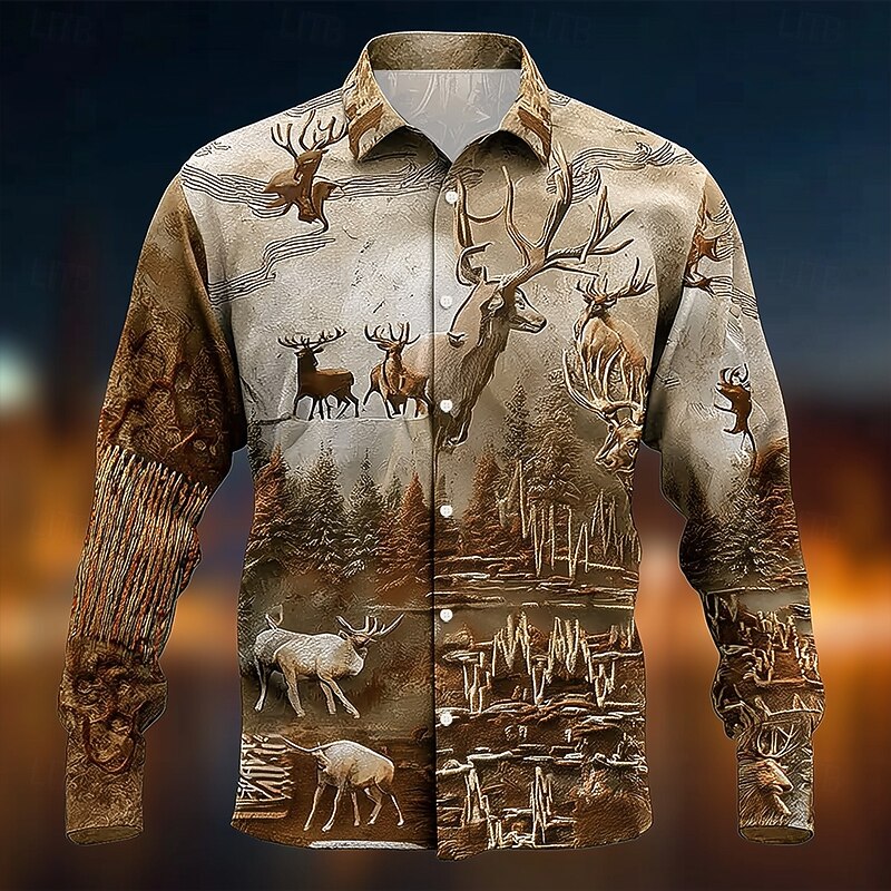 Men's Reindeer Plants Forest Shirt Button Up Shirt Long Sleeve Vintage Retro Outdoor Camping & Hiking Hunting Spring Fall Turndown 3D Print Collared Shirts Brown