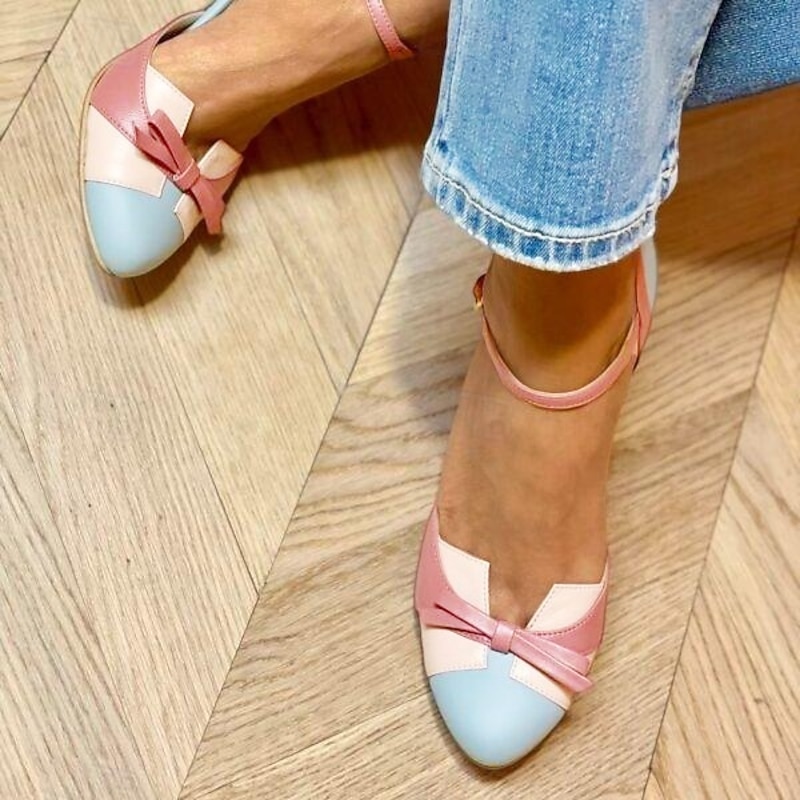 Women's Retro Two-Tone High Heel Pumps – Pink and Blue Bow Detail Ankle Strap, Perfect for Vintage-Inspired Outfits and Casual Chic Looks4