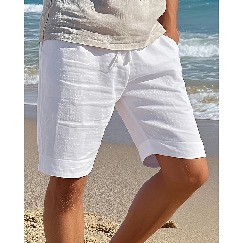 Men's Shorts Linen Shorts Summer Shorts Beach Shorts Drawstring Pocket Elastic Waist Plain Comfort Breathable Short Vacation Holiday Beach Hawaiian Boho Black White2