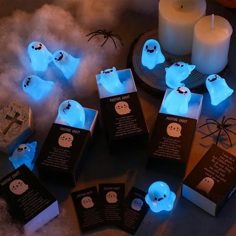 Halloween Glow in the Dark Mini Cute Ghost Decoration Figures with Box 6 Cute Ghost Decoration Figurines in 6 Designs with 6pcs Thank You Cards and Mini Box Suitable for Halloween2