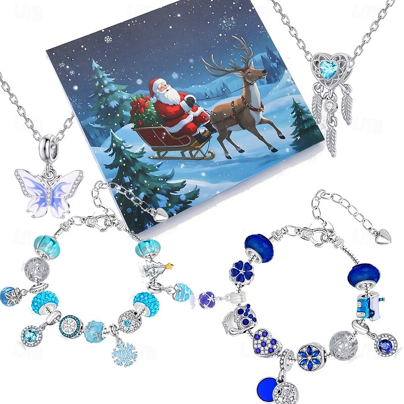 Christmas Advent Calendar Bracelets 2025 for Girls, Blue Style 31 Days DIY Jewelry Making Kit with 27 Charm Accessories, 2 Adjustable Bracelets and 2 Necklaces, Xmas Countdown Gift for Kids Teens Wo3