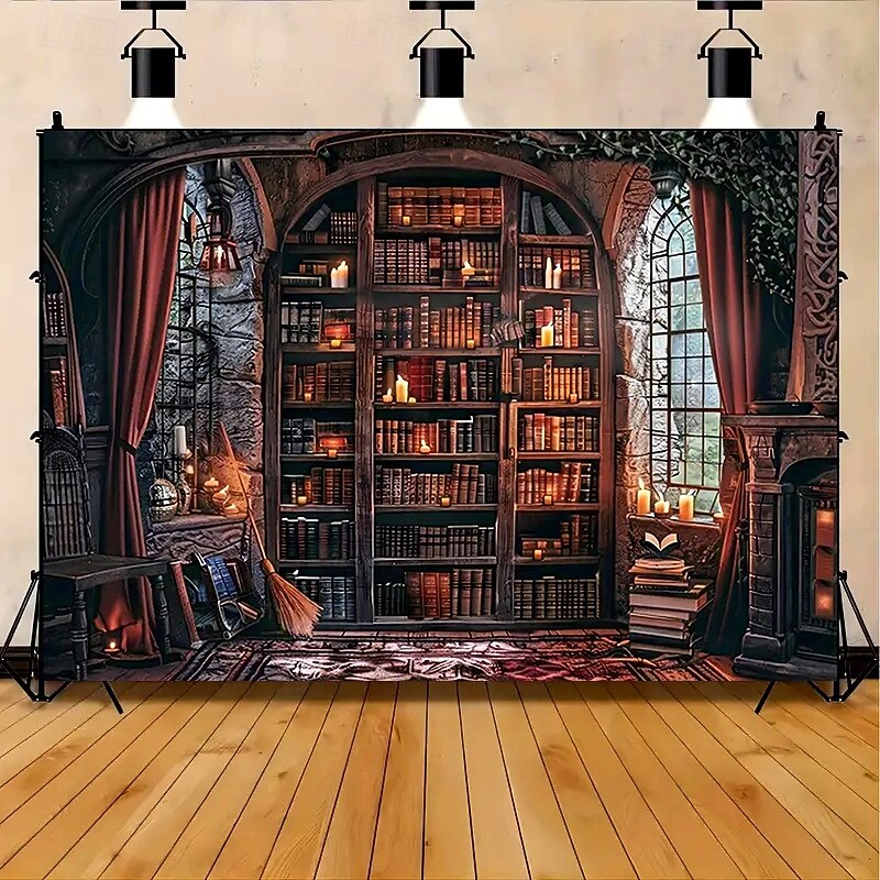 Witch Library Tapestry – Gothic Bookshelf Wall Hanging with Candlelit Magical Room Scene, Vintage Wall Decoration for Bedroom, Study or Living Room