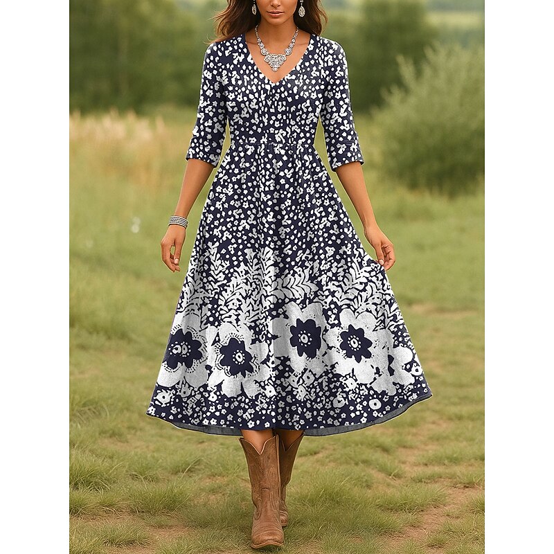 Women's Midi Dress Casual Dress A Line Dress Vacation Casual Regular Fit Floral Graphic 3/4 Length Sleeve V Neck Pink Red Navy Blue Blue Spring Fall2