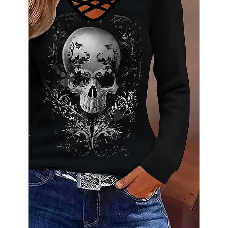 Halloween Women's T Shirt Skulls Graphic Vintage Stylish Classic Long Sleeve V Neck Regular Tops Daily Tassel Tie Print Black Fall Winter4