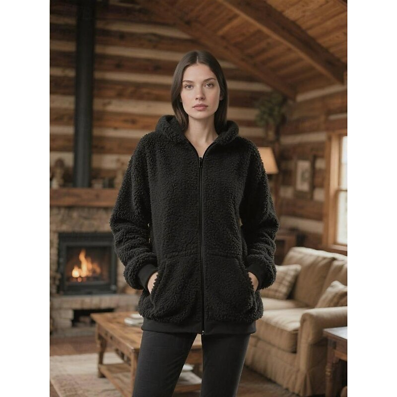 Women's Fleece Jacket Hoodie Jacket Warm Comfortable Zipper Pocket Elegant Fashion Outdoor Solid Color Going out Casual Daily Weekend Zipper Regular Hooded Regular Fit Long Sleeve Outerwear Black2
