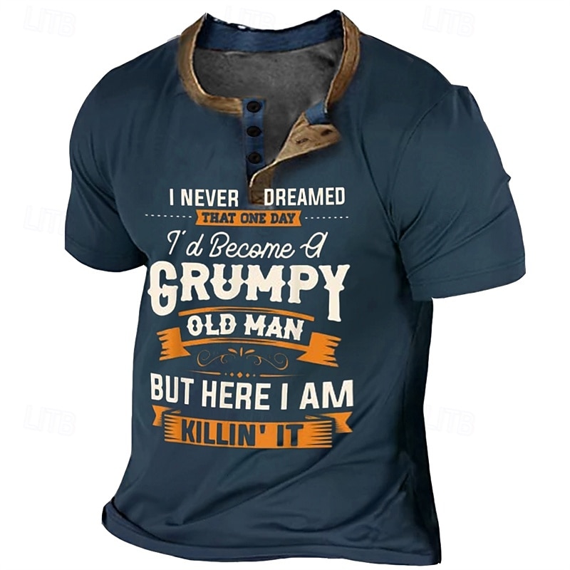 Men's Graphic Letter Henley Shirt Tee Grumpy Old Man T Shirt Short Sleeve 3D Print Fashion Designer Comfortable Outdoor Casual Daily Spring &  Fall Black Navy Blue Blue Brown Gray Henley Henley