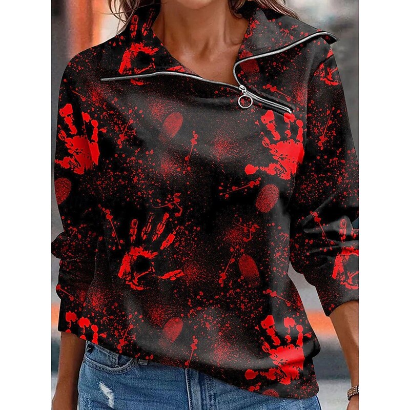 Halloween Women's Zip Up Sweatshirts Bloodstain Graphic Fashion Casual Long Sleeve High Neck Regular Tops Street Dailywear Zipper Print Maroon Black Wine Red Red White Spring Fall Winter