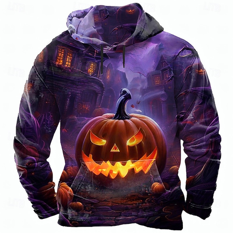 Halloween Men's Pumpkin 3D Hoodie Sweatshirt Punk Exaggerated Long Sleeve Crew Neck Club Streetwear Rust Red Blue Drawstring Fall Winter Designer