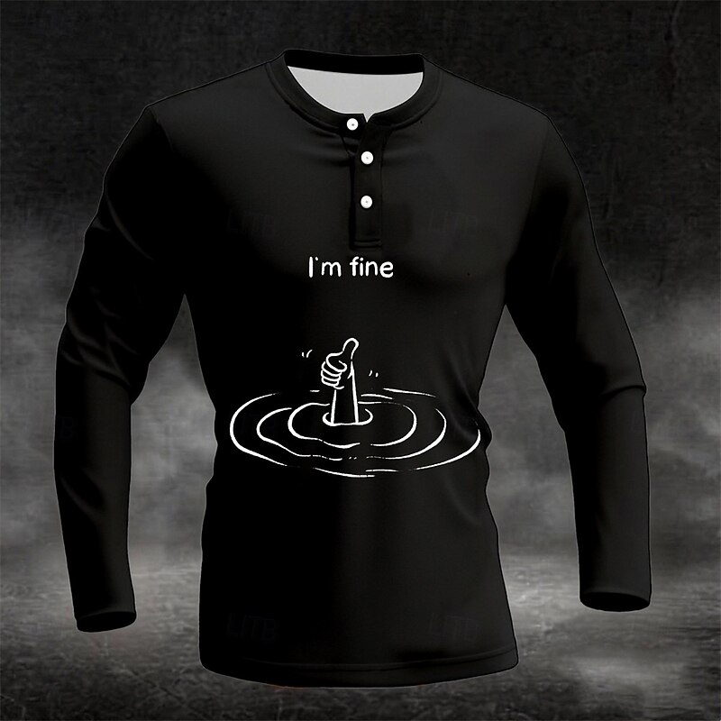 Men's Long Sleeve Henley Shirt: Sarcastic "I'm Fine" Drowning Thumbs Up Graphic Tee, Lifestyle Humor4